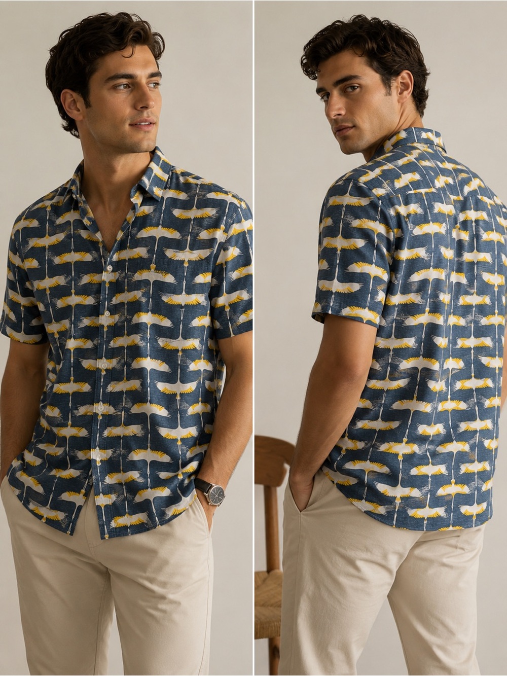 Original Penguin Navy Short-Sleeve Button-Down with Yellow & White Crane Print